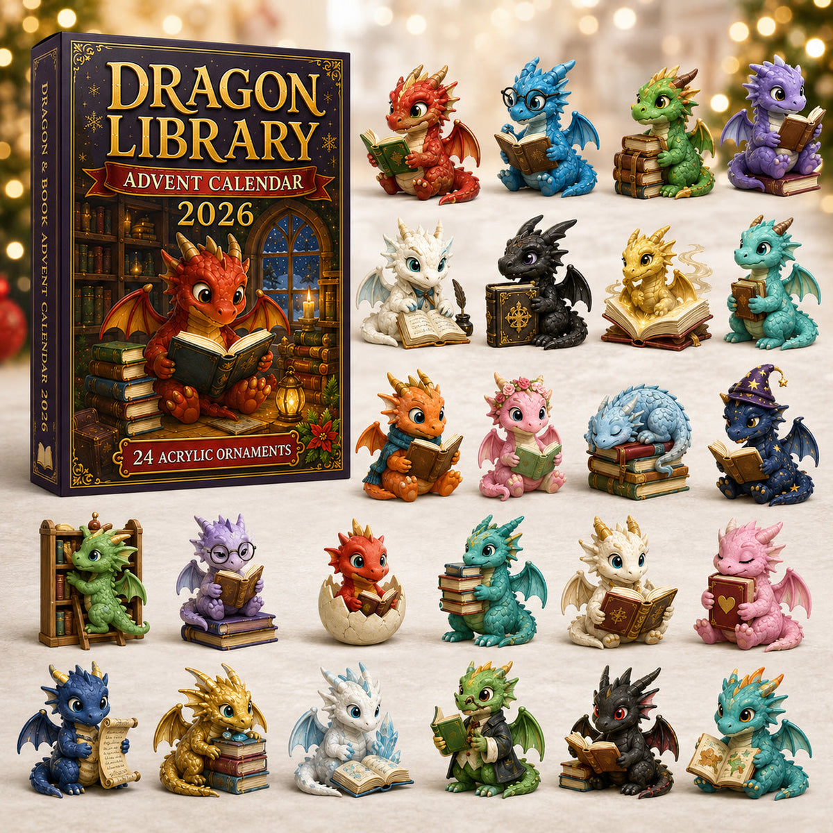 Dragon Library Advent Calendar 2026 - 24-Day Festive Countdown, Acrylic Charms Blind Box - Gift For Dragon Lovers