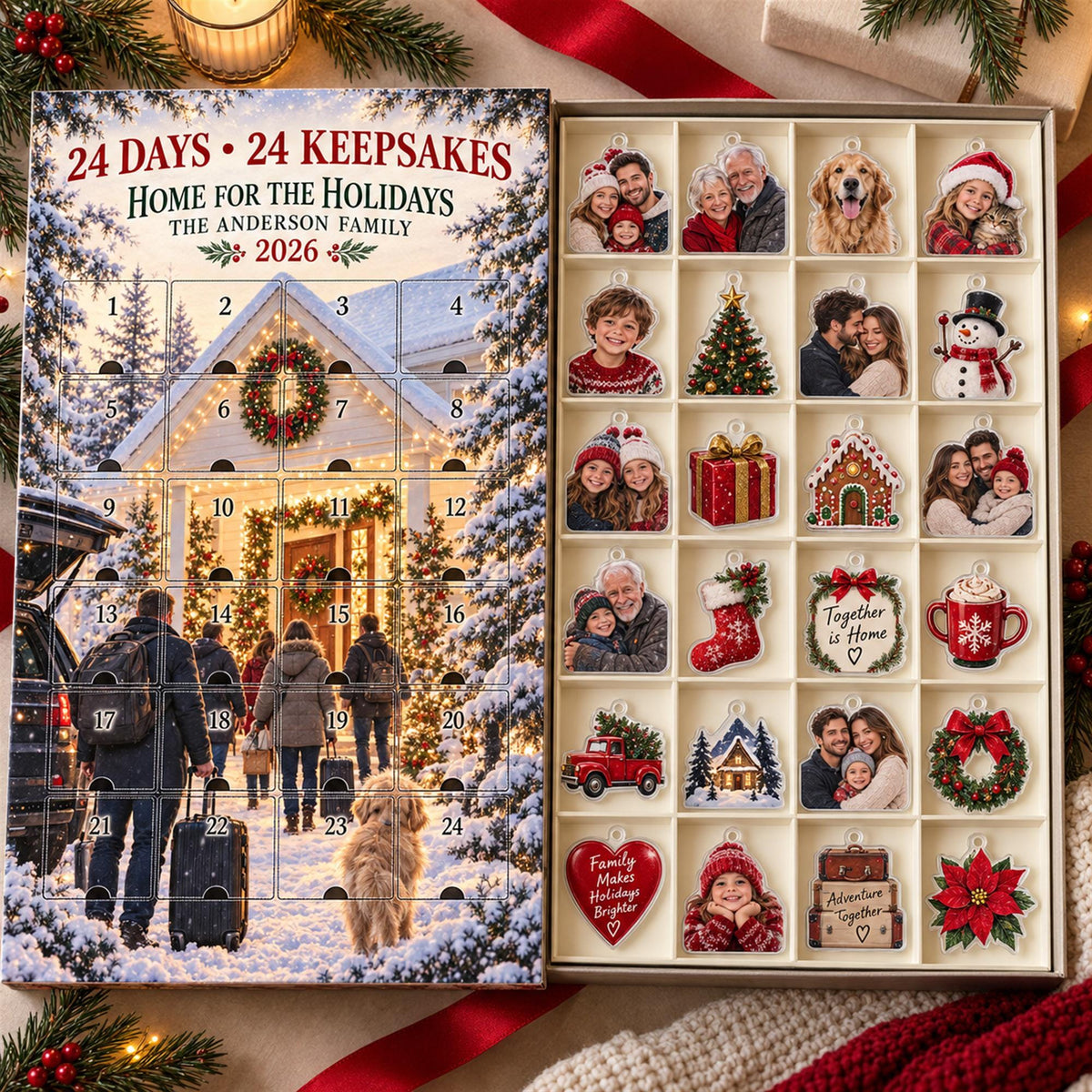 Personalized Family Reunion Advent Calendar with 24 Custom Photo Acrylic Ornaments, Home for the Holidays Gift, Multigenerational Keepsake