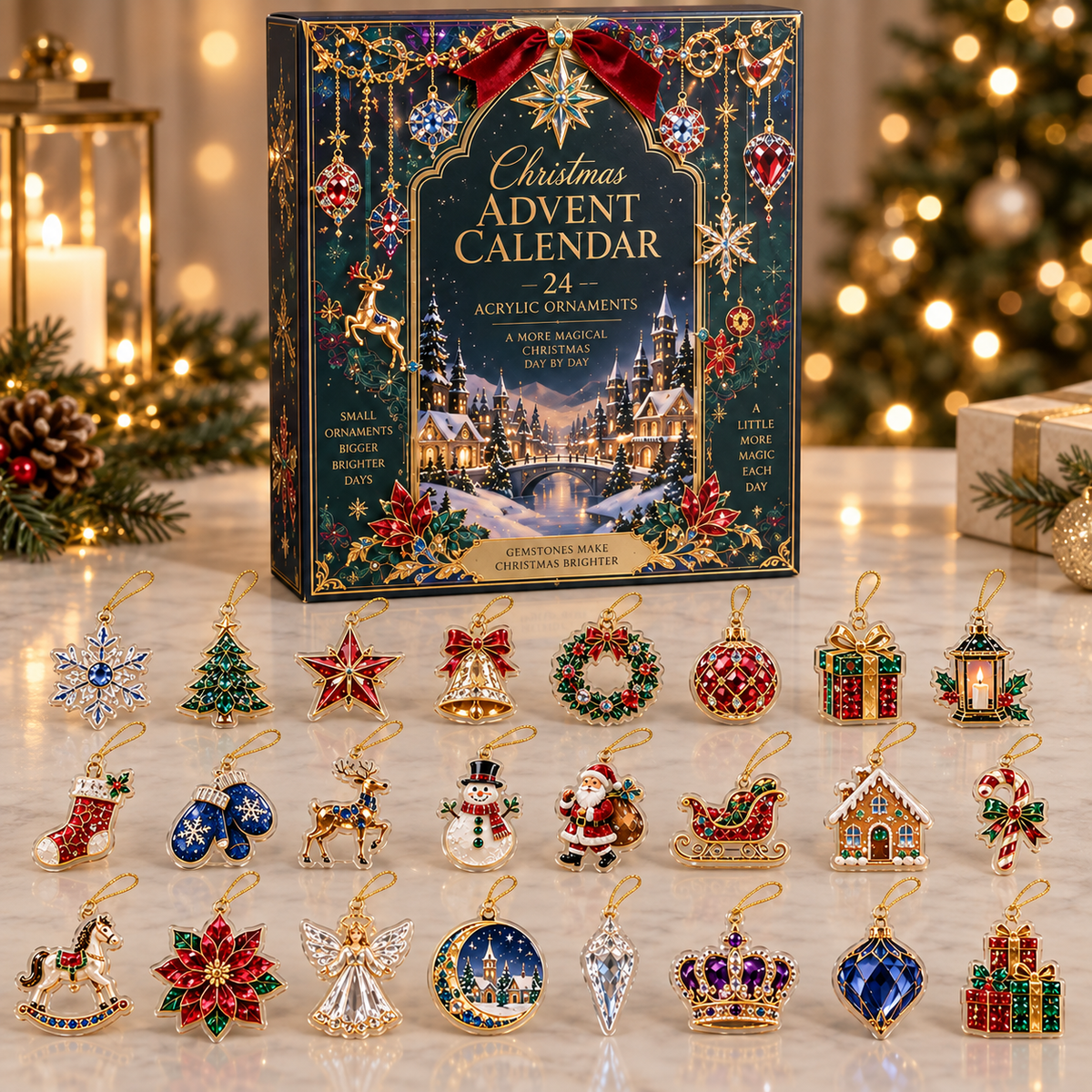 2026 Christmas Advent Calendar with 24 Acrylic Ornaments, Jewel-Inspired Holiday Countdown Calendar, 24 Days of Christmas Mini Keepsake Decorations, Festive Gift for Kids, Adults & Families
