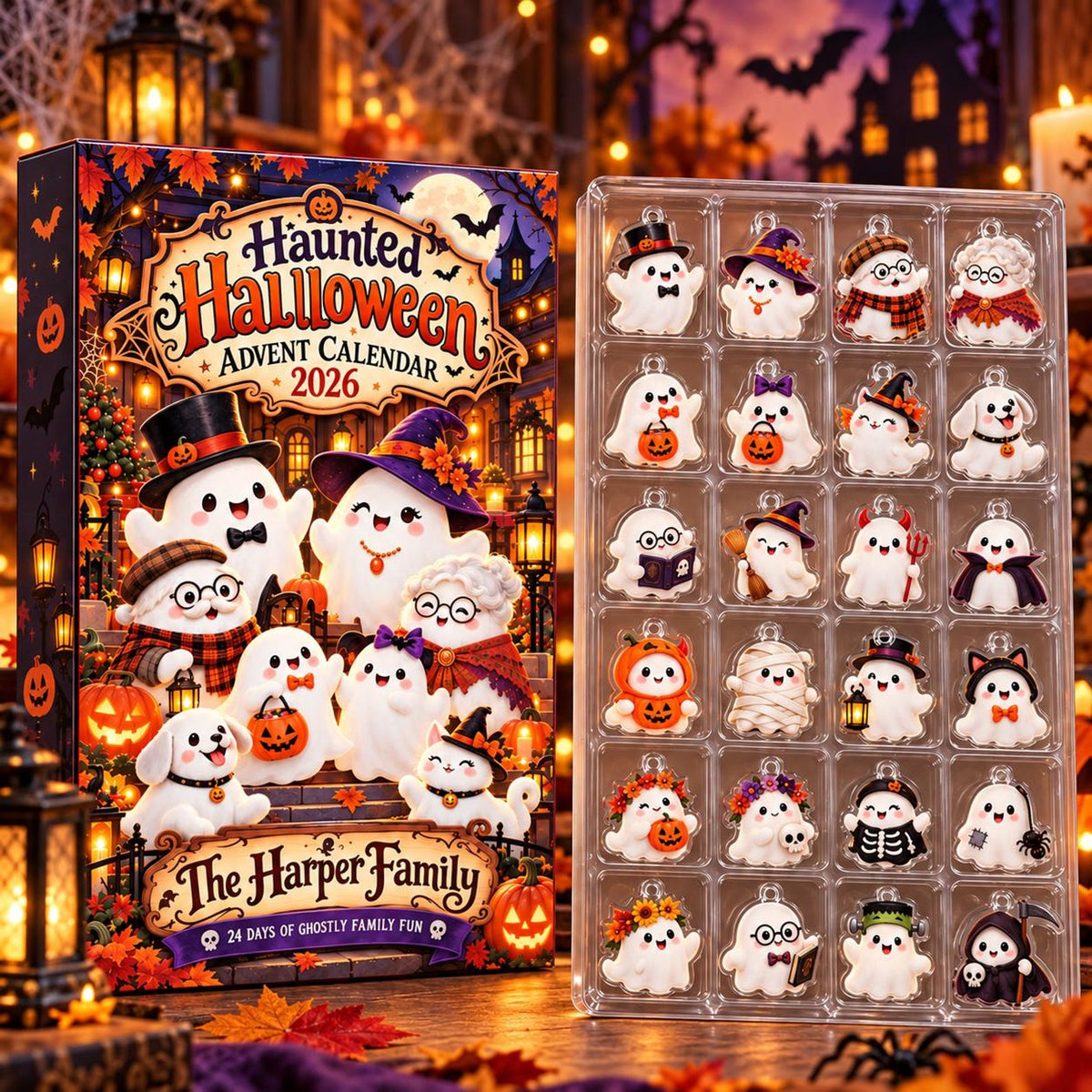 Personalized Halloween Advent Calendar, Custom Family Ghosts, 24 Acrylic Charm Ornaments, Cute Spooky Family Countdown Gift