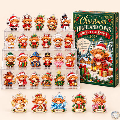 Moo-velous Highland Cow Advent Calendar 2026 | 24 Day Holiday Countdown with Custom 2D Ornament