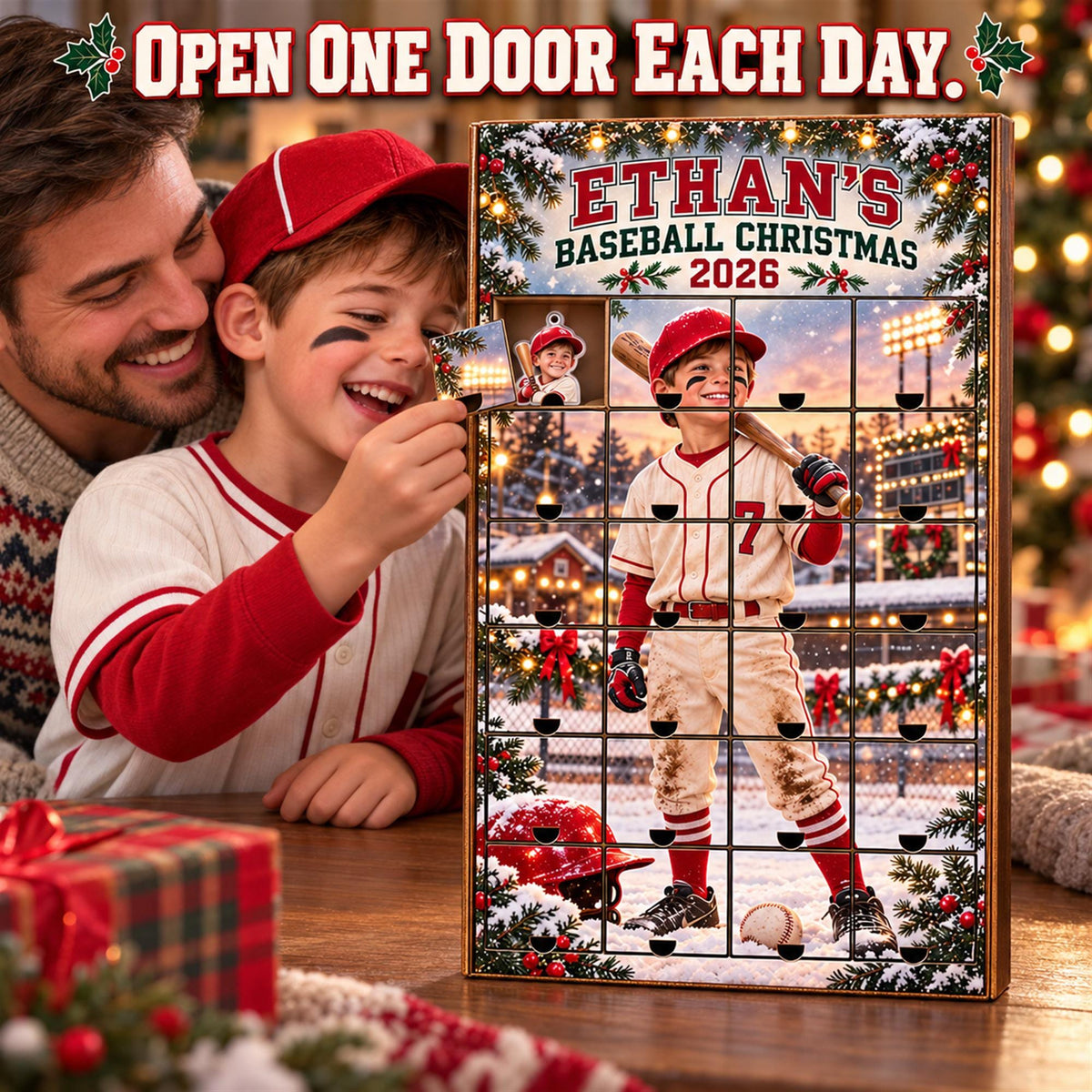 Personalized Baseball Advent Calendar with 24 Custom Photo Acrylic Ornaments, Player Number Christmas Gift for Baseball Family and Coach