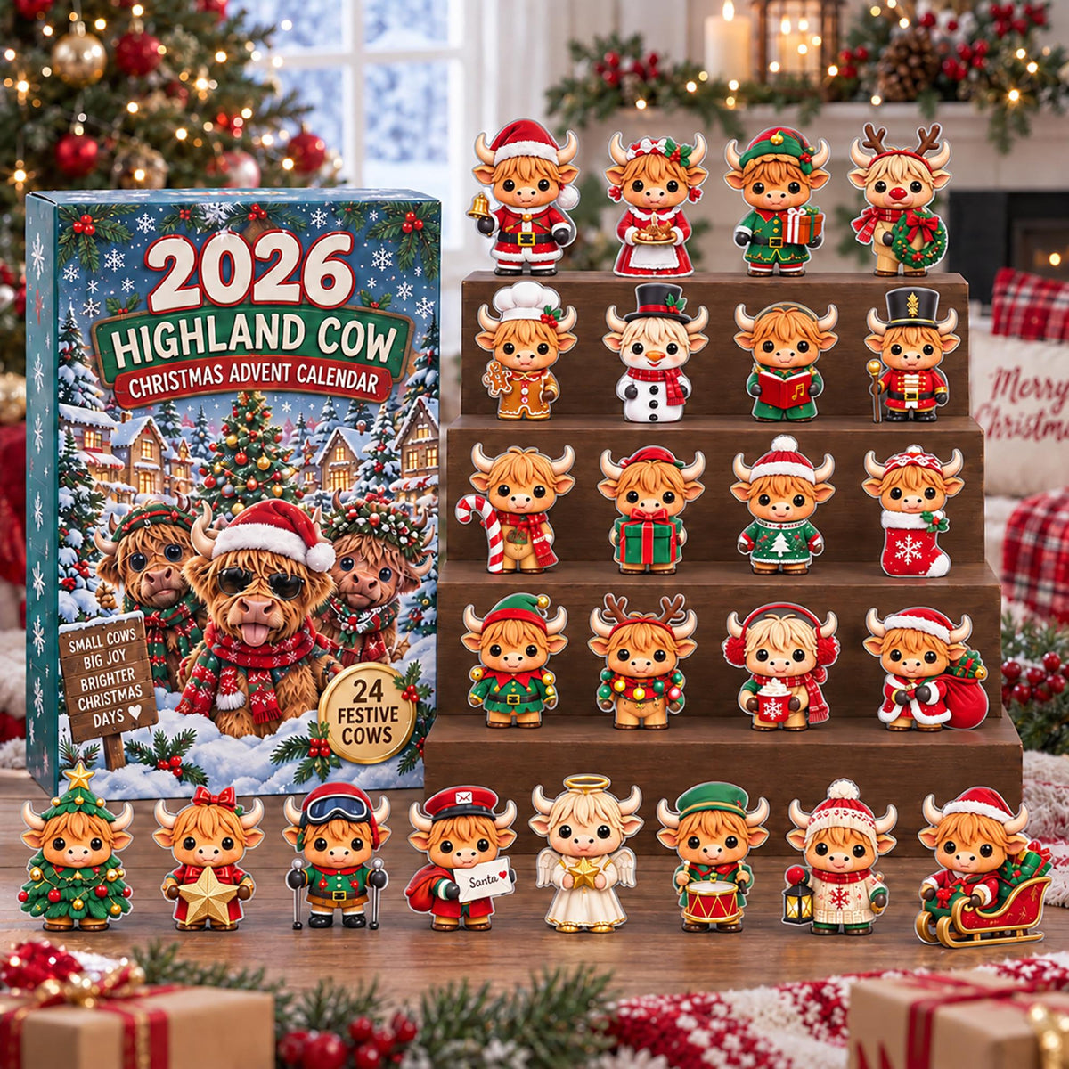 Highland Cow Advent Calendar 2026, 24 Flat Acrylic Christmas Charms