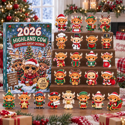 Highland Cow Advent Calendar 2026, 24 Flat Acrylic Christmas Charms