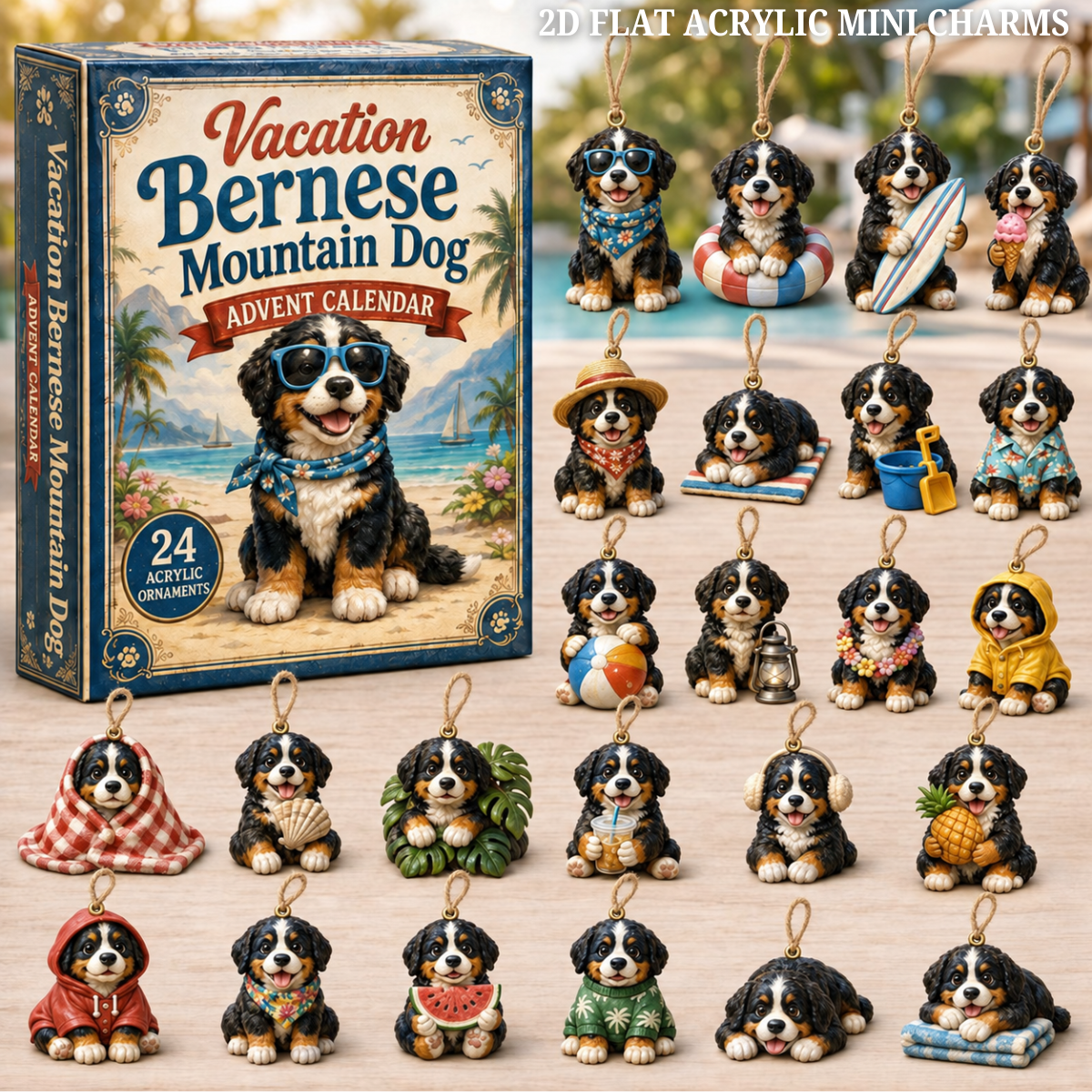 Vacation Bernese Mountain Dog Advent Calendar 2026 - 24-Day Festive Countdown, Acrylic Charms Blind Box - Gift For Bernese Mountain Dog Lovers