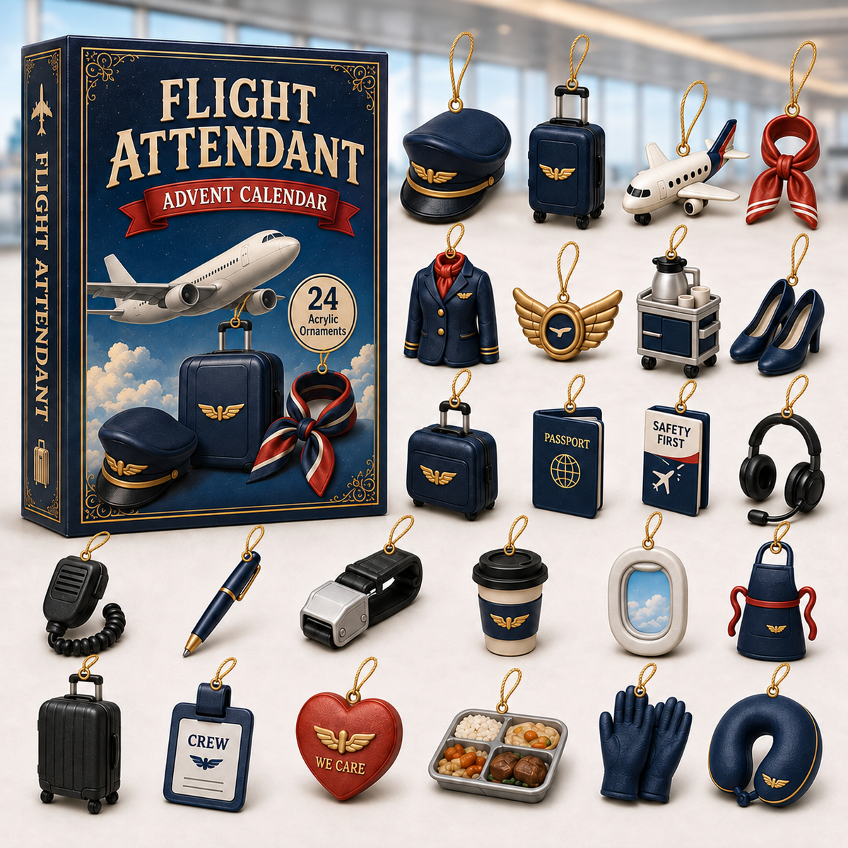 Flight Attendant Advent Calendar 2026 - 24-Day Festive Countdown, Acrylic Charms Blind Box - Gift For Job Lovers