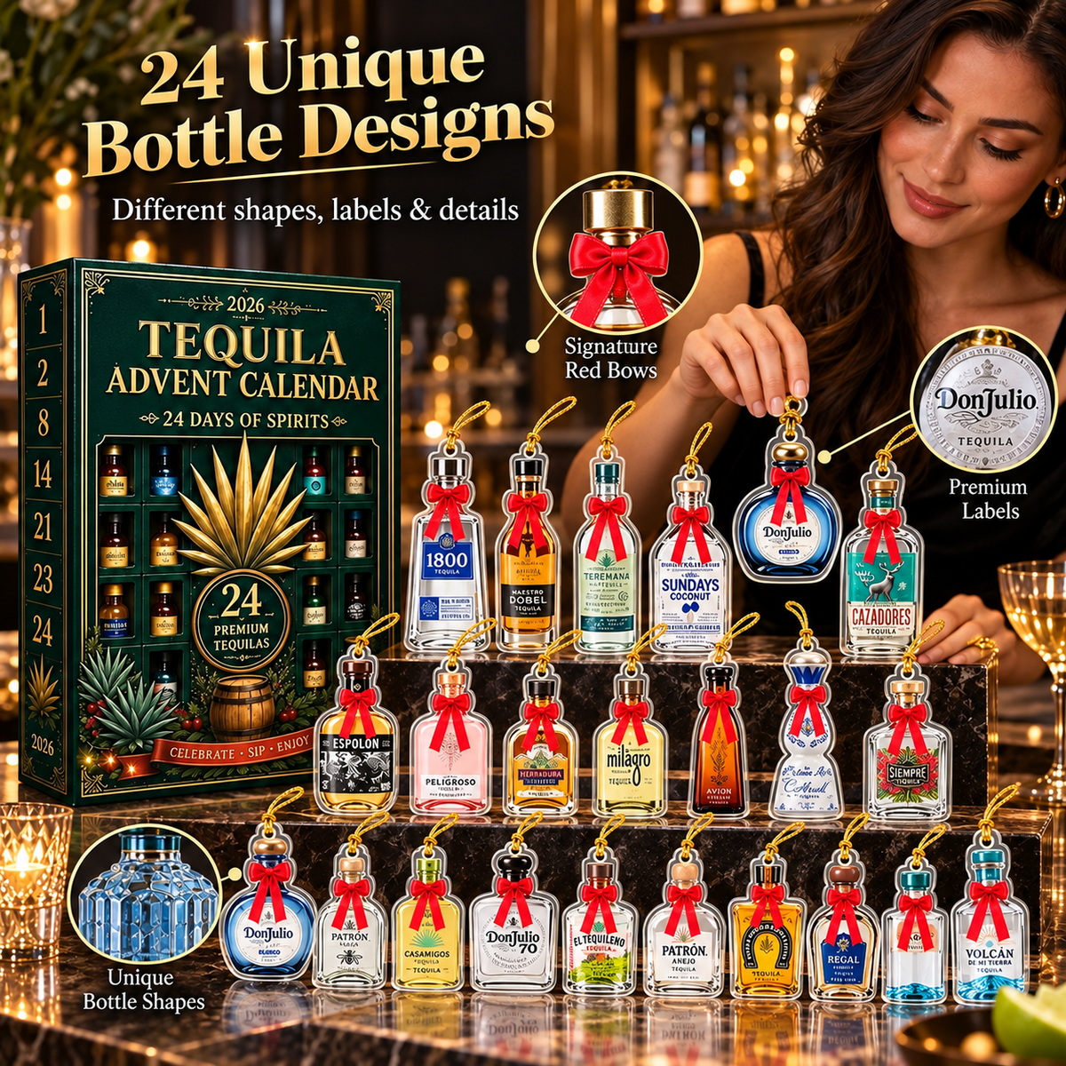 24-Day Mini Tequila Bottle Advent Blind Box For Holiday Celebration, Bar Table Decor