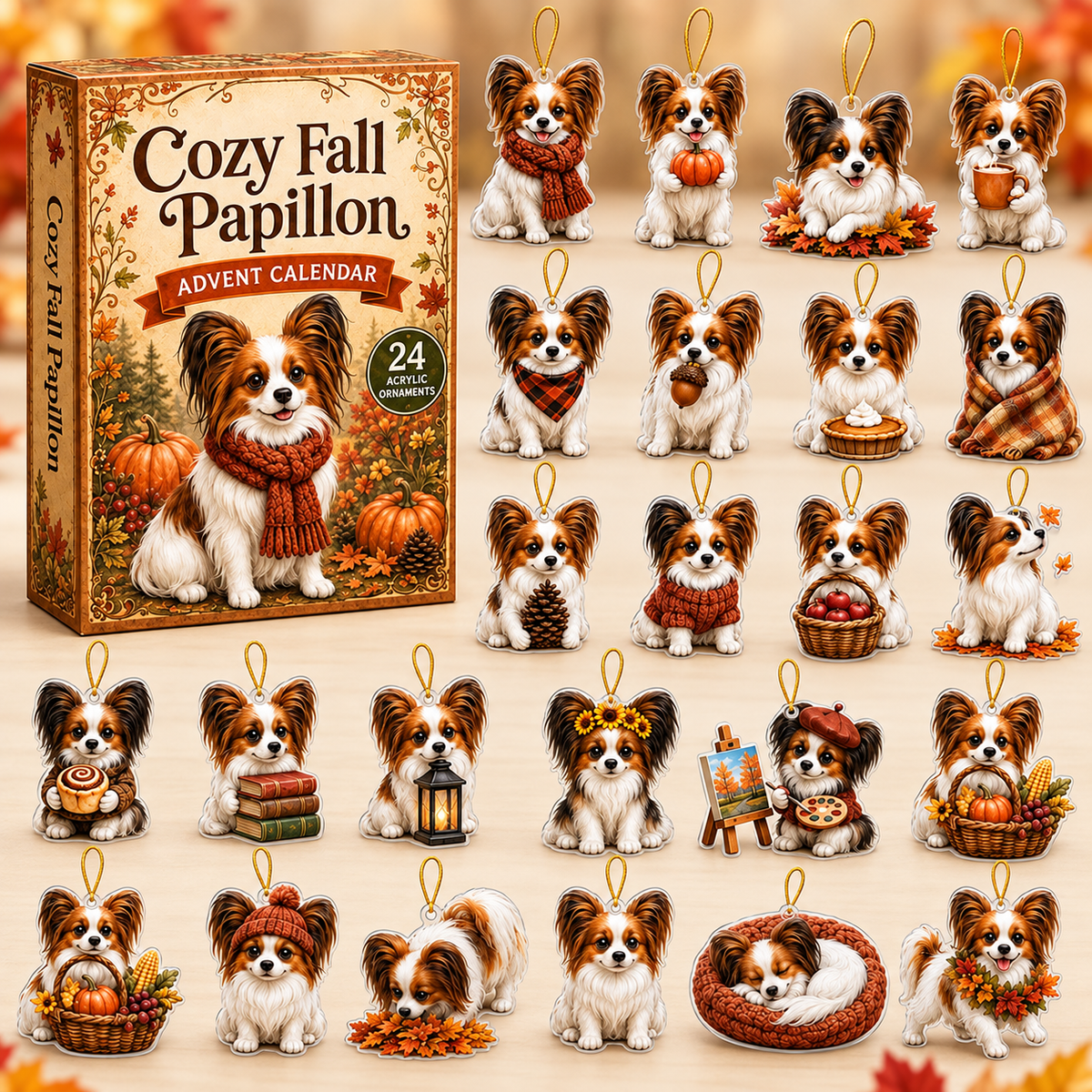 Cozy Fall Papillon Advent Calendar 2026 - 24-Day Festive Countdown, Acrylic Charms Blind Box - Gift For Papillon Lovers