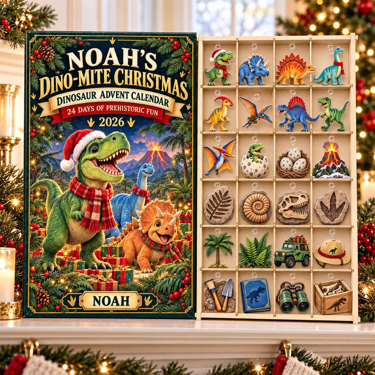 Personalized Dinosaur Advent Calendar 2026, Dino Christmas Countdown, 24 Day Acrylic Ornament Set, Kids Dinosaur Xmas Gift, Dino Lover Gift