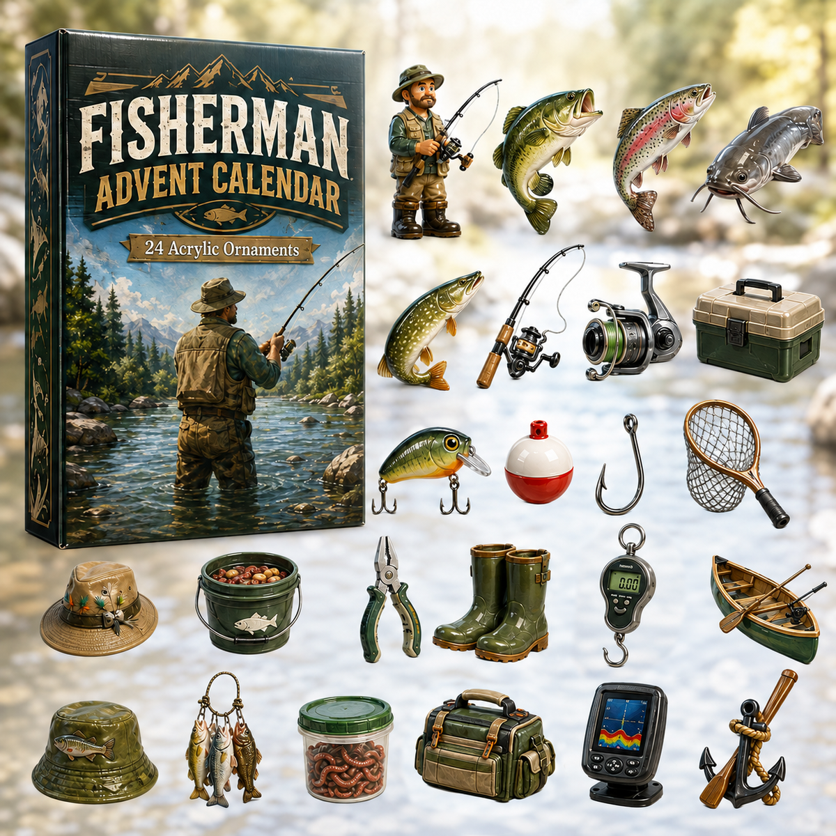 Fisherman Advent Calendar 2026 - 24-Day Festive Countdown, Acrylic Charms Blind Box - Gift For Fishing Lovers