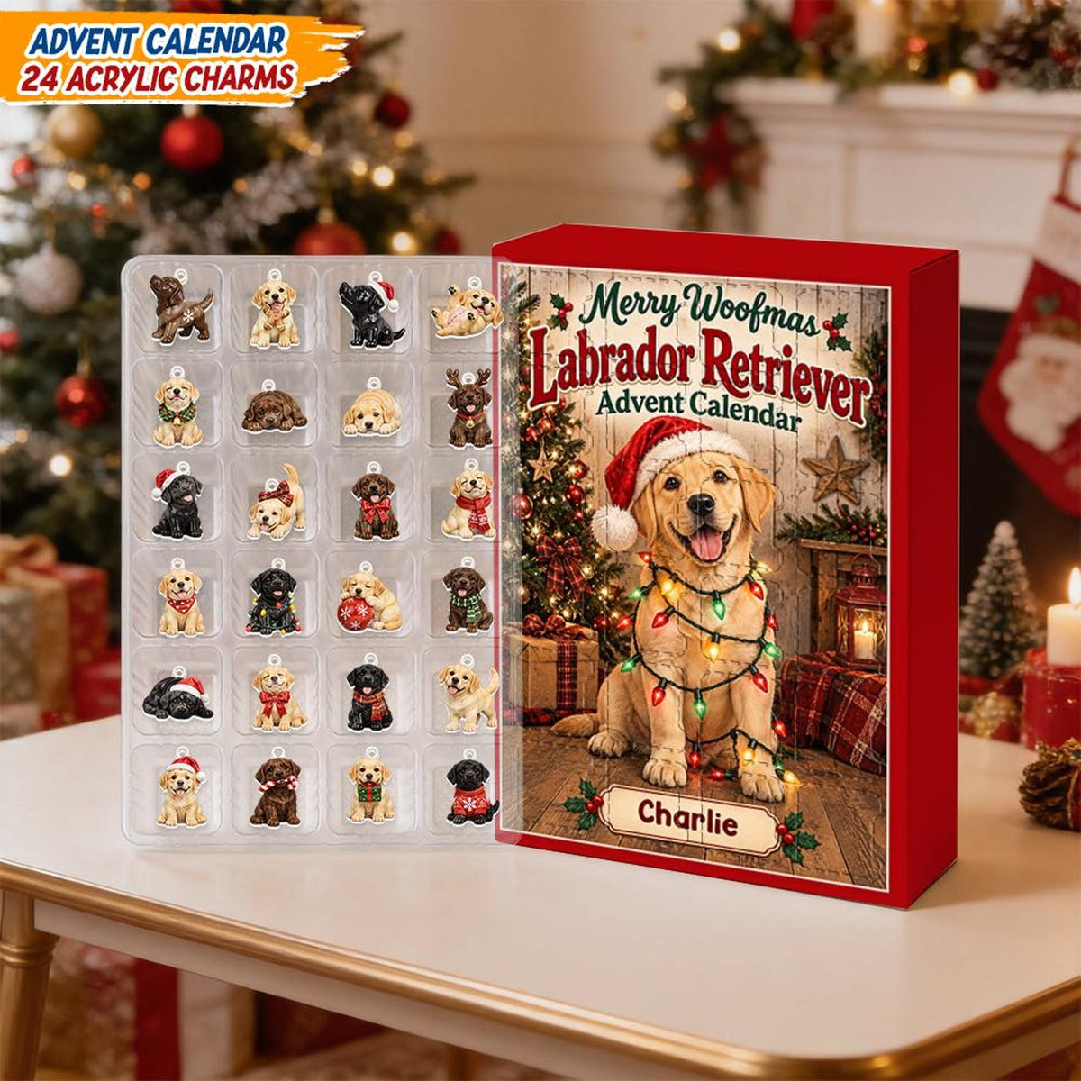 Custom Lab Dog Advent Calendar With 24 Charms, Personalized Labrador Mom Xmas Present, Holiday Pet Countdown Decor