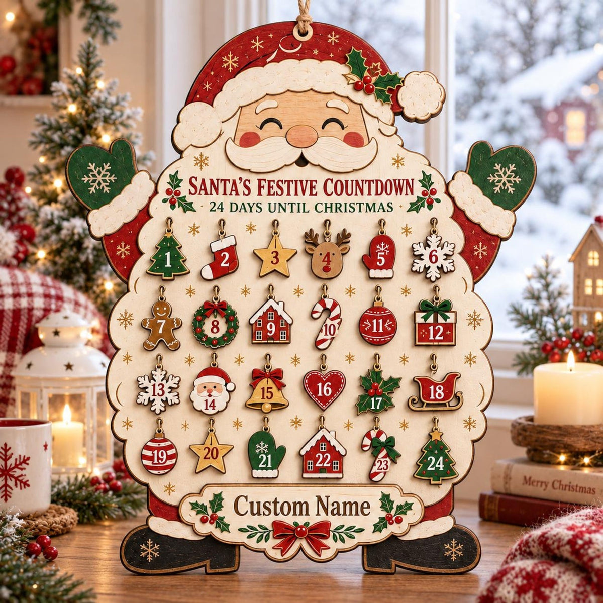 Personalized Santa Wooden Advent Calendar, Christmas Countdown Calendar, Custom Name Holiday Decor, Family Christmas Gift, Rustic Wood Sign