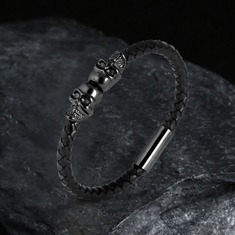 Double Skull Braided Stainless Steel Magnetic Buckle Leather Bracelet