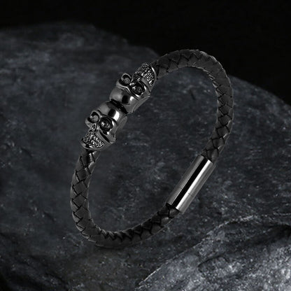 Double Skull Braided Stainless Steel Magnetic Buckle Leather Bracelet