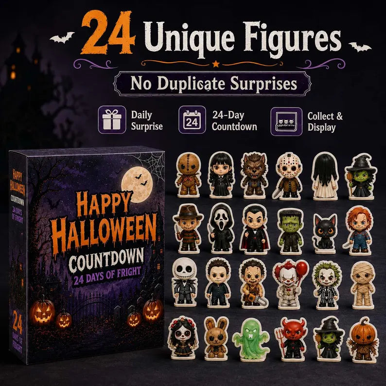 Halloween Countdown Calendar 2026, 24-Day Surprise Gift Box Containing a Mini Acrylic Flat Figure, Cute Ghost or Haunted House Set, 4 Styles