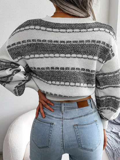 Fashion Color Block Long Sleeve Cropped Knit Sweater