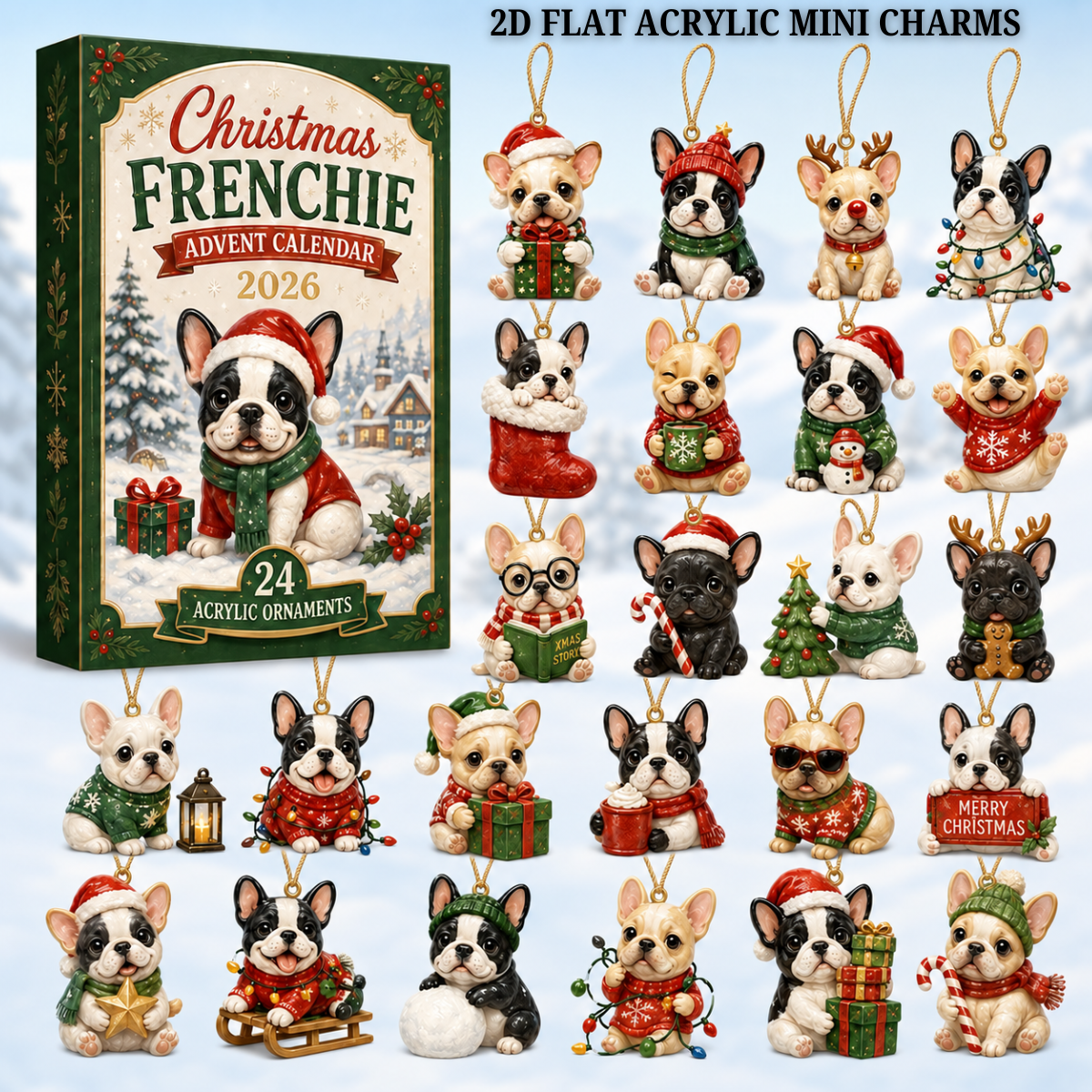 Christmas Frenchie Advent Calendar 2026 - 24-Day Festive Countdown, Acrylic Charms Blind Box - Gift For French Bulldog Lovers