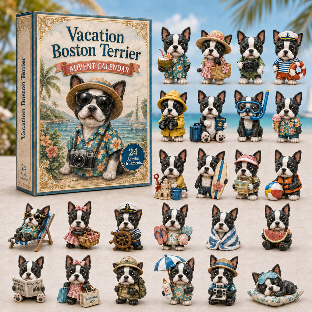 Vacation Boston Terrier Advent Calendar 2026 - 24-Day Festive Countdown, Acrylic Charms Blind Box - Gift For Boston Terrier Lovers