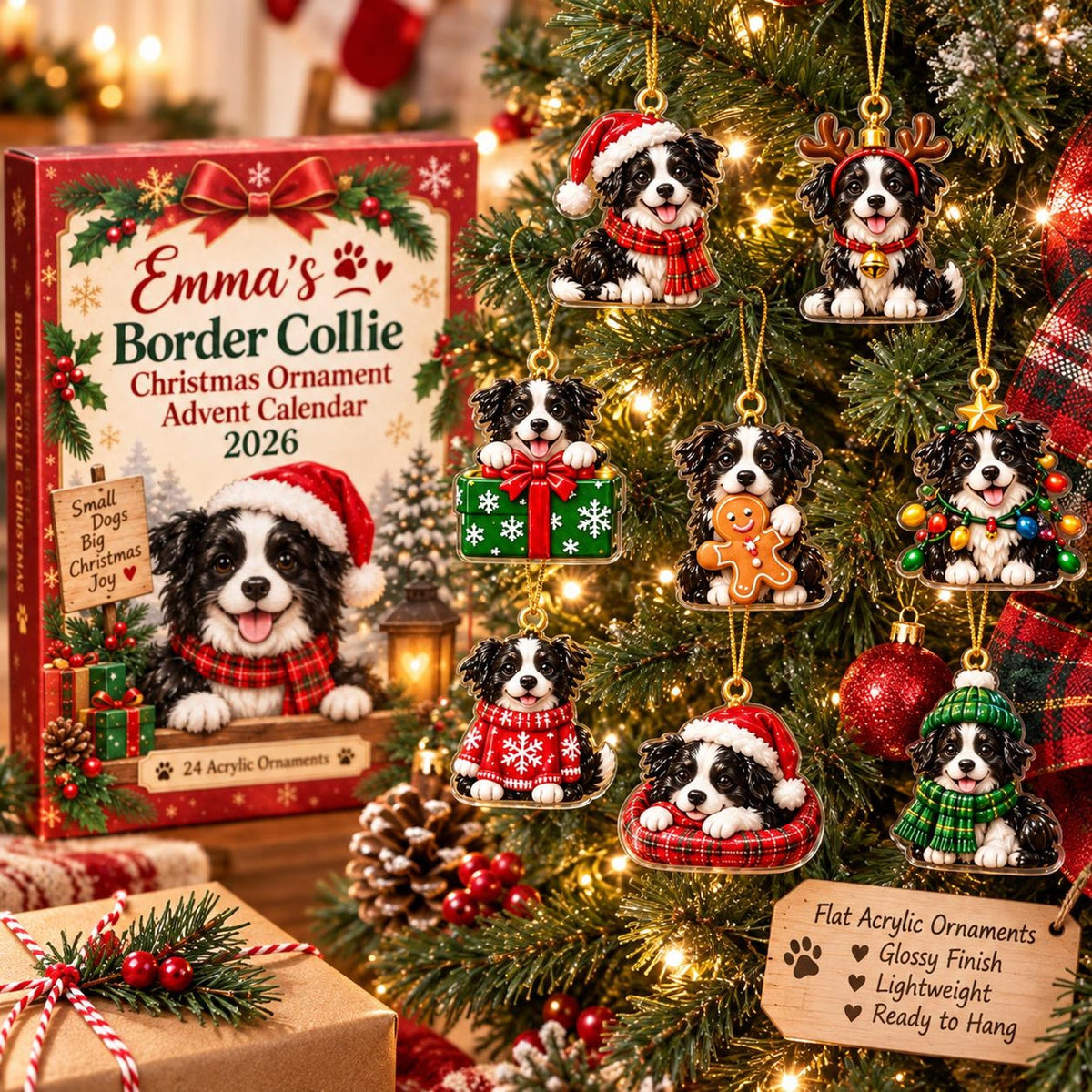 Personalized Border Collie Advent Calendar 2026, 24 Acrylic Dog Ornaments, Christmas Countdown Gift Box for Dog Lovers & Kids