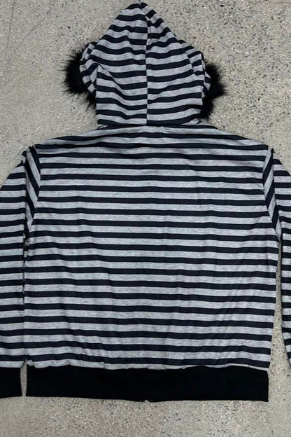Striped Faux-Fur Hood Zip-Up Hoodie