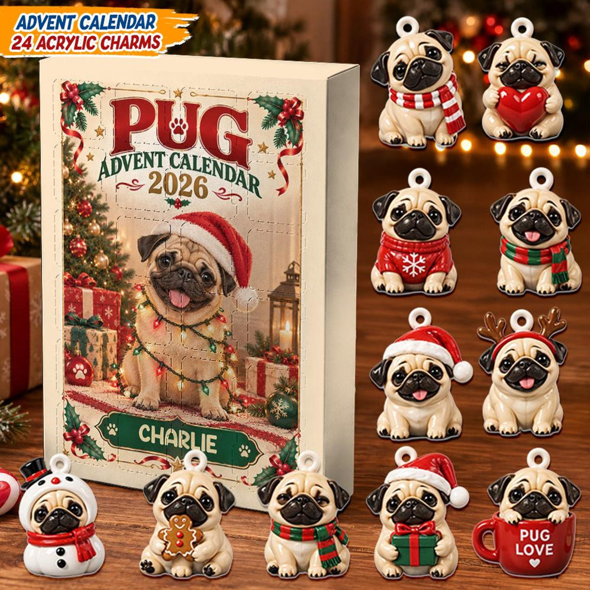 Personalized Pug Advent Calendar 2026, 24 Acrylic Charms, Custom Dog Name, Pug Lover Keepsake Collection