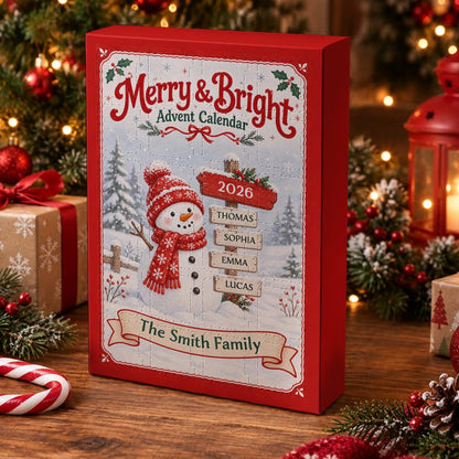 Custom Family Name Merry Bright Advent Calendar, 24 Pcs Snowman Acrylic Charms Countdown Gift