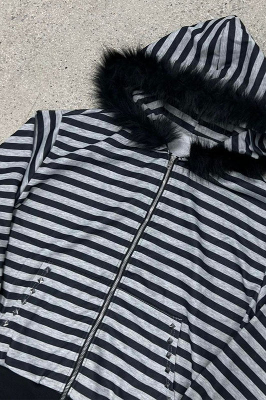 Faux Fur Trim Striped Zip Hoodie
