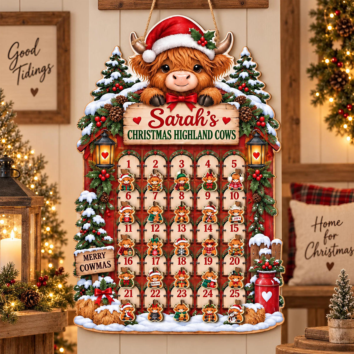 Personalized Highland Cow Wooden Advent Calendar: Custom Name, Hanging Ornaments
