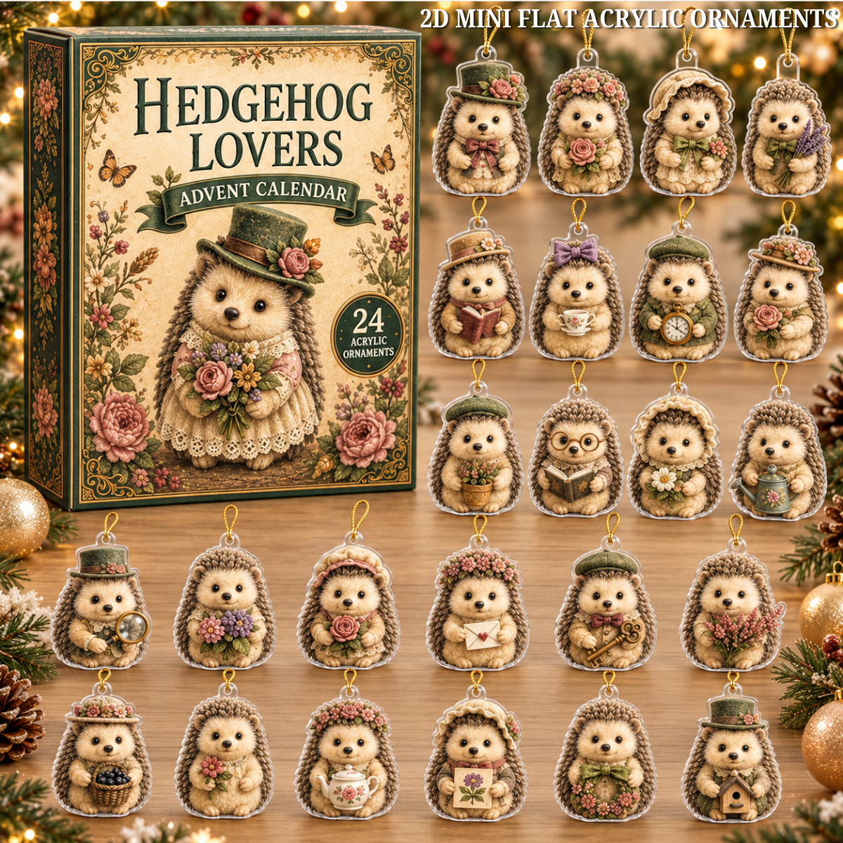 Vintage Hedgehog Lovers Advent Calendar 2026 - 24-Day Festive Countdown, Acrylic Charms Blind Box - Gift For Hedgehog Lovers