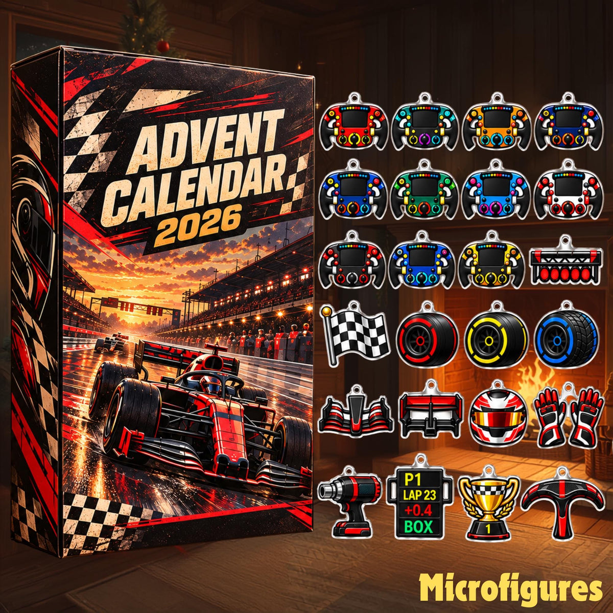 Formula Racing Advent Calendar 2026, 24 Acrylic Racing Ornaments, Steering Wheel, Tire, Helmet & Pit Crew Christmas Gift