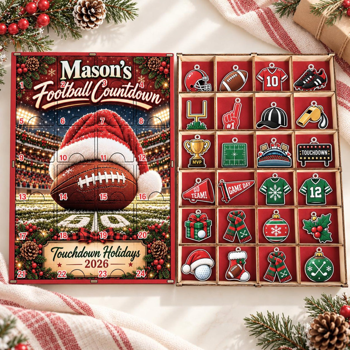 Personalized Football Advent Calendar, Custom Christmas Countdown Box with 24 Charms, Sports Gift with Photo Charms