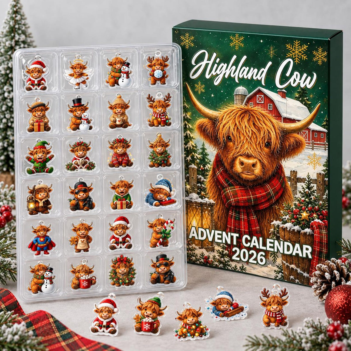 Highland Cow Christmas Advent Calendar, Acrylic or Wood Ornaments, Reusable Countdown Gift Box, Holiday Keepsake