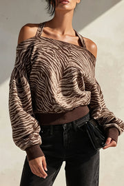 Zebra Print Off Shoulder Sweatshirt
