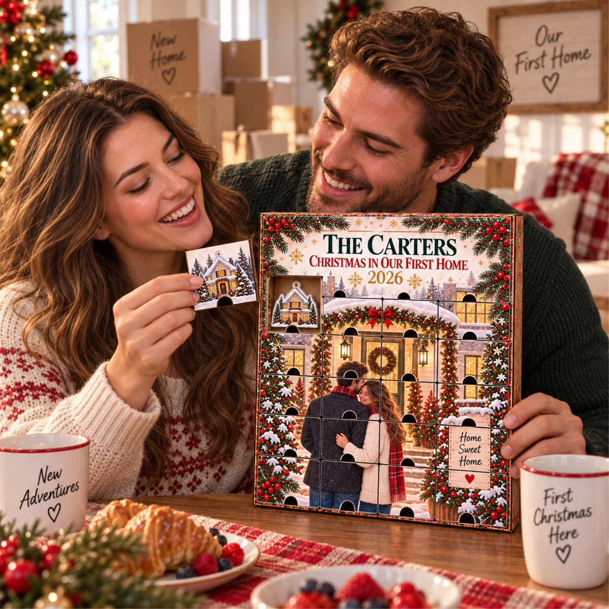 Personalized New Home Advent Calendar with 24 Custom Photo Acrylic Ornaments, First Christmas in Our Home Gift, Housewarming Gift for Couple