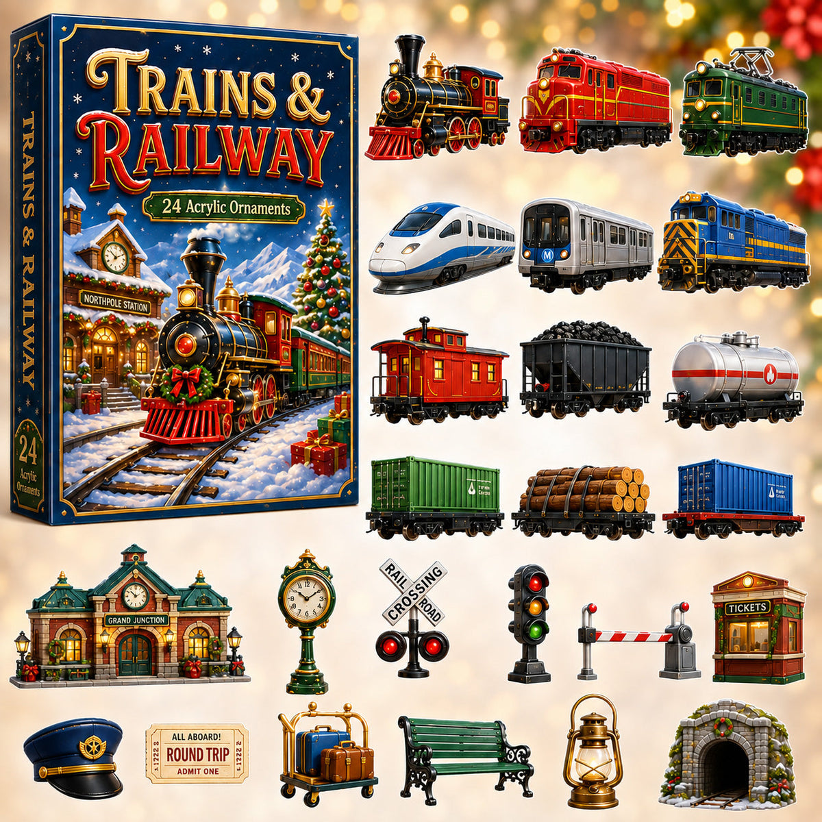 Trains & Railway Advent Calendar 2026 - 24-Day Festive Countdown, Acrylic Charms Blind Box - Gift For Kids, Family & Friends