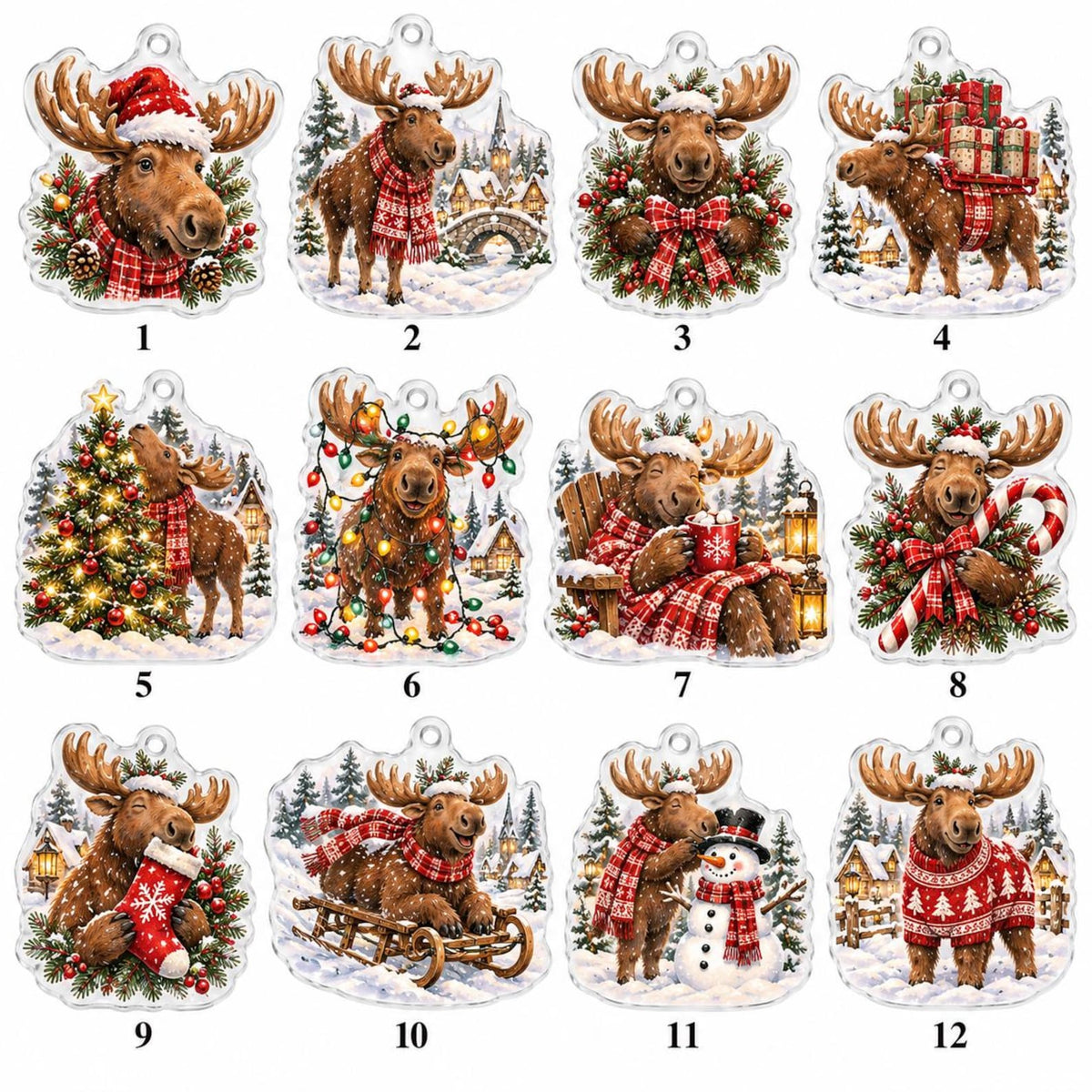 Personalized Moose Advent Calendar, 24 Double-Sided Acrylic Ornaments, Christmas Countdown Box