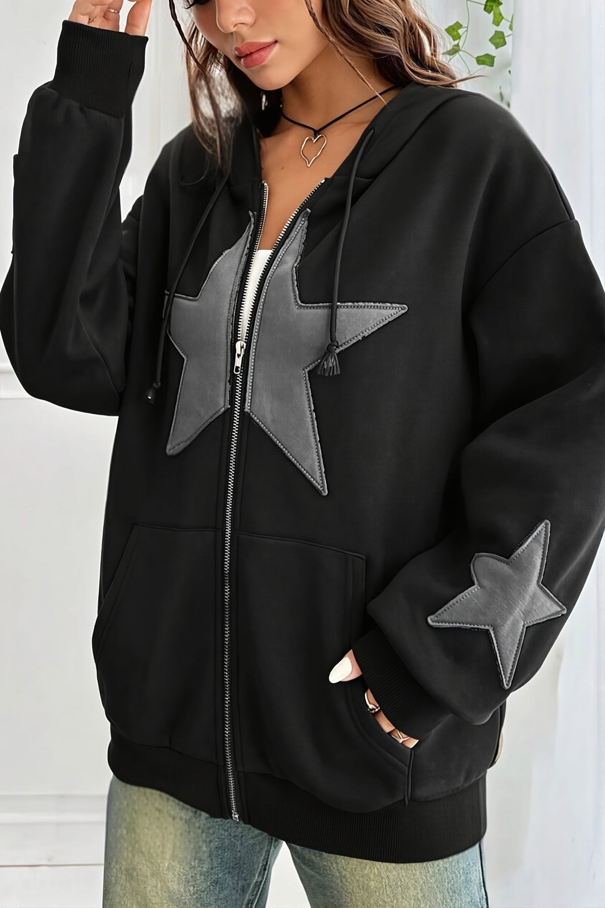 Star Contrast Oversize Zip Hoodie