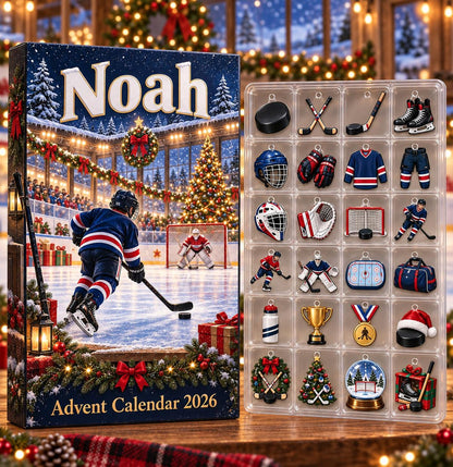 Personalized Hockey Advent Calendar 2026, 24 Ice Hockey Charms, Custom Name Christmas Countdown Gift for Hockey Players