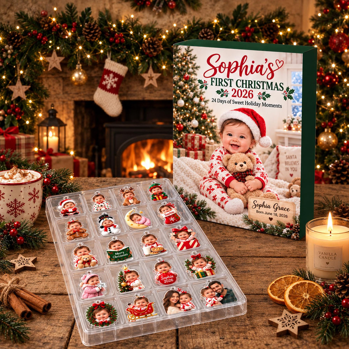 Personalized Baby's First Christmas Advent Calendar 2026, 24 Acrylic Photo Ornaments, Custom Newborn Gift, Baby Christmas Countdown Keepsake