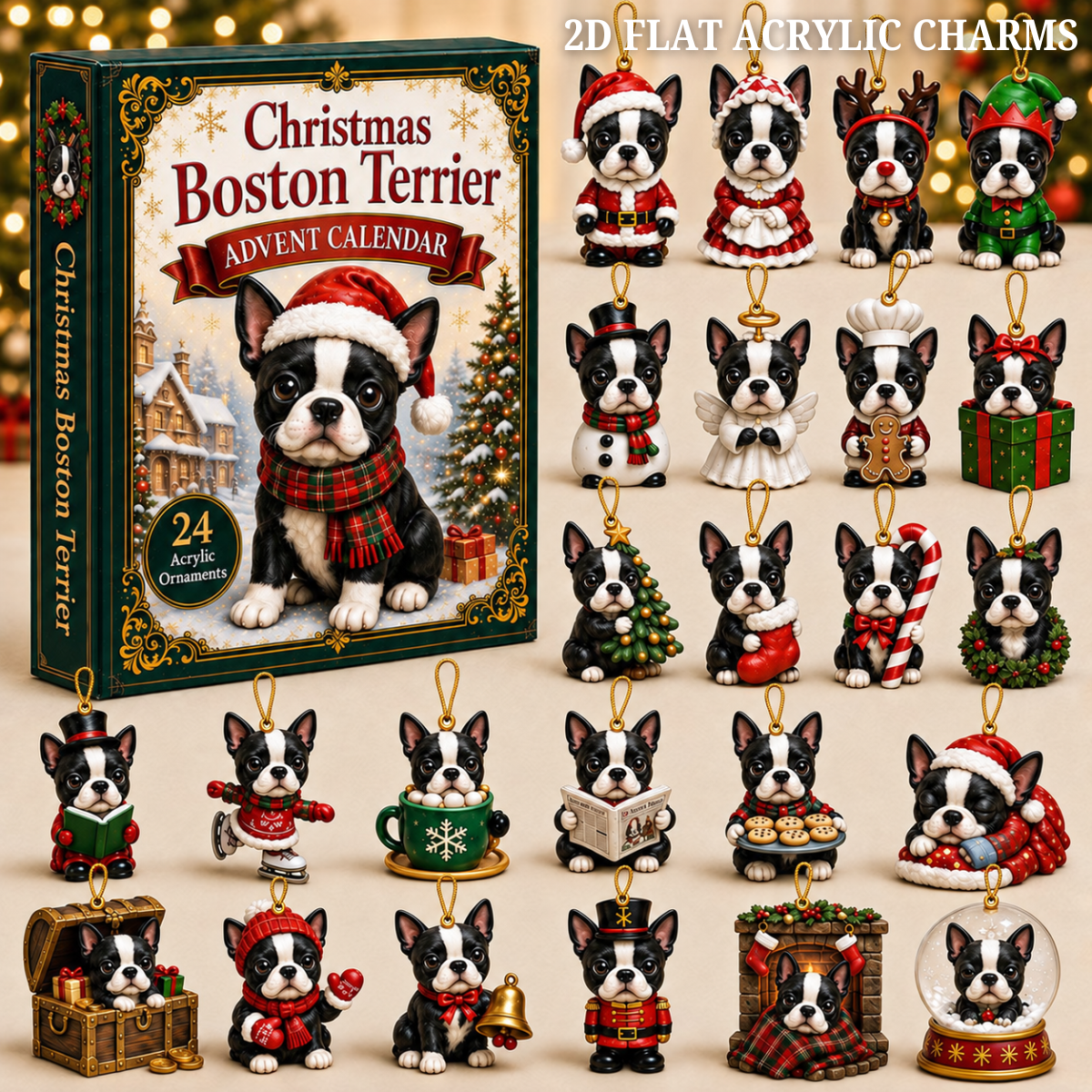 Christmas Boston Terrier Advent Calendar 2026 - 24-Day Festive Countdown, Acrylic Charms Blind Box - Gift For Boston Terrier Lovers