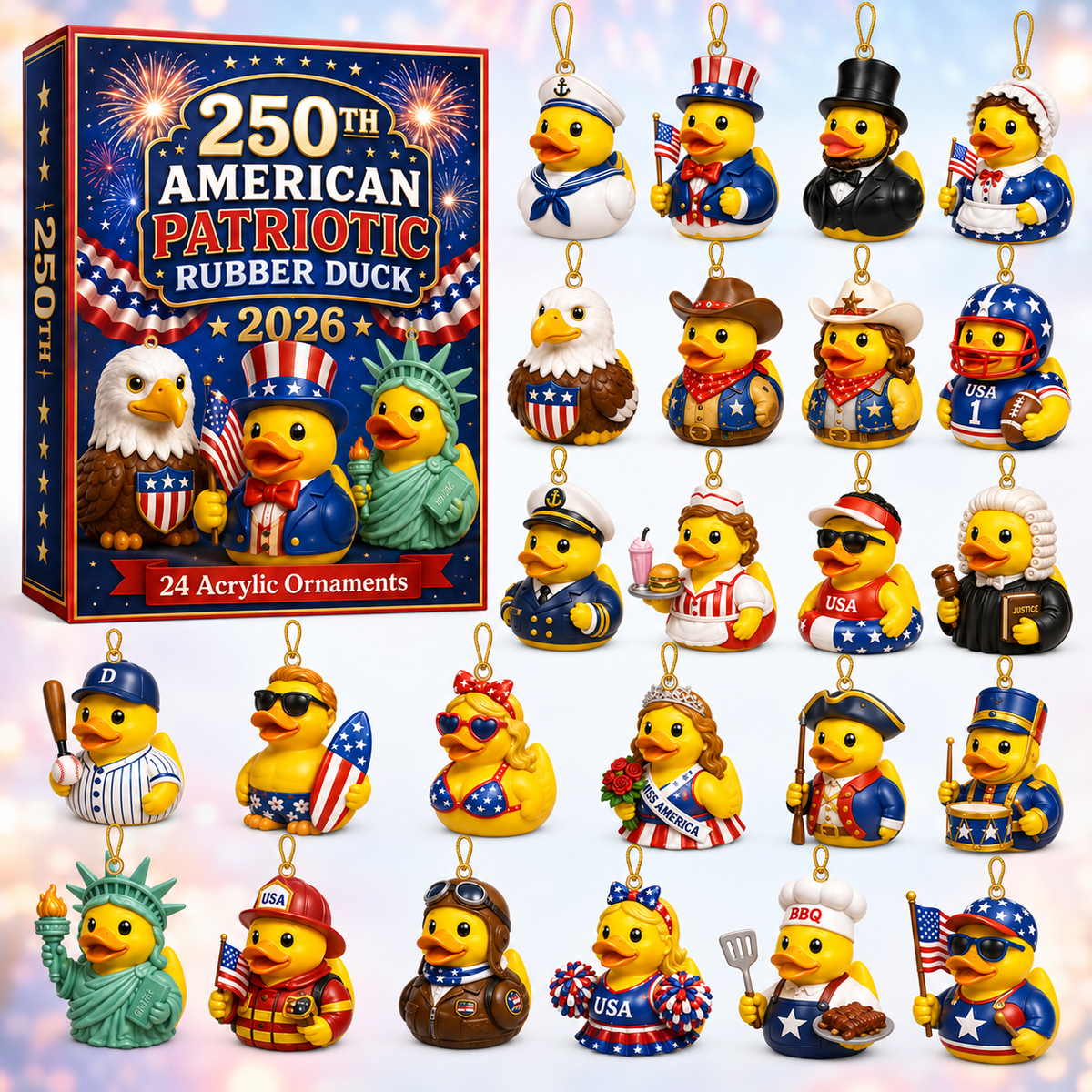 American Patriotic Rubber Duck Advent Calendar 2026 - 24-Day Festive Countdown, Acrylic Charms Blind Box - Gift For Family & Friends