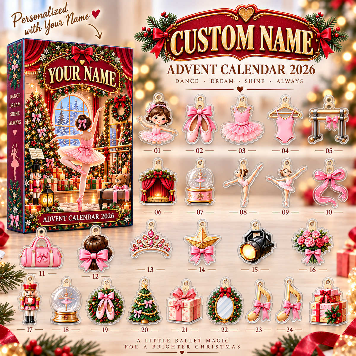 Personalized Ballerina Advent Calendar, 24 Ballet Christmas Charms, Custom Name Dancer Gift, Holiday Countdown Box