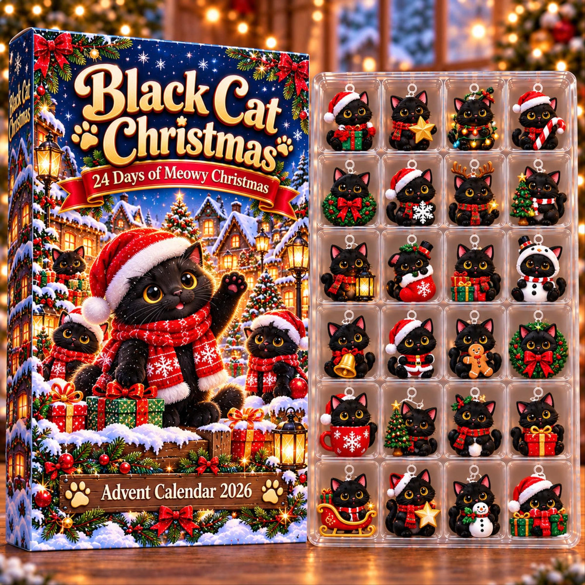 Black Cat Advent Calendar 2026, 24 Piece Black Cat Ornament Set, Blind Box Advent Calendar, Christmas Countdown Gift for Home Decor