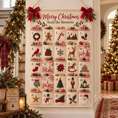 Personalized Christmas Advent Calendar, 25 Pocket Countdown Wall Hanging, Custom Family Name Xmas Calendar, Holiday Candy Gift Organizer