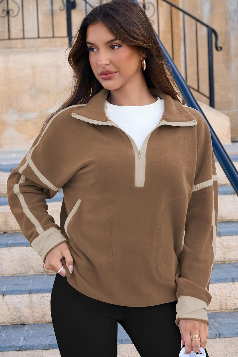 Color Block Quarter Zip Funnel Neck Sweatshirt