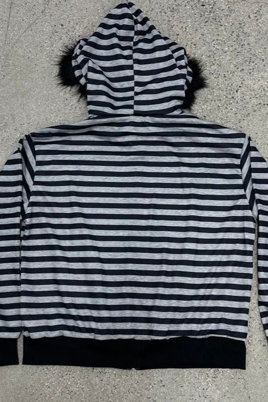 Faux Fur Trim Striped Zip Hoodie