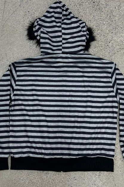 Faux Fur Trim Striped Zip Hoodie