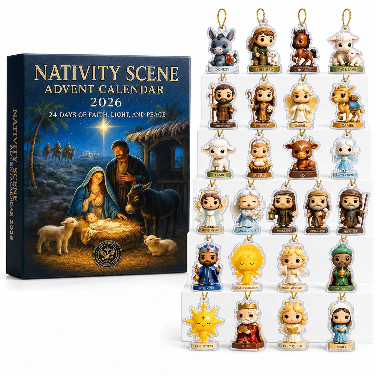 Nativity Scene Advent Calendar 2026, 2D Flat Acrylic Ornaments Box, Christmas Countdown, Nativity Lover Gift
