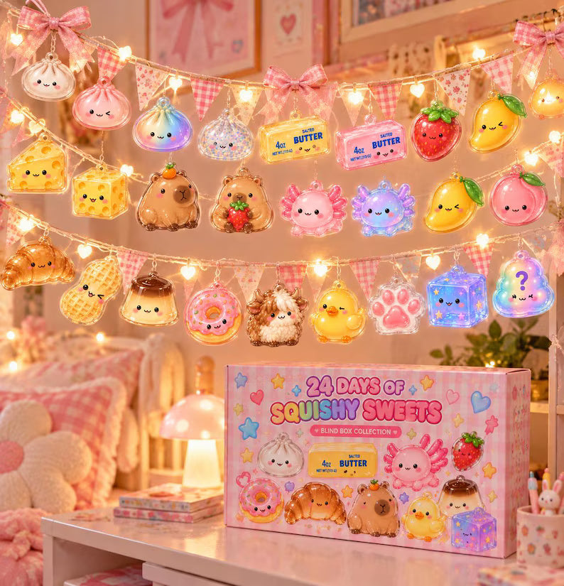 Trending Squishy Advent Calendar, Viral Squishy Blind Box, Kawaii Acrylic Ornaments for Kids, Boy Girl Christmas Gift, Dumpling Butter Cheese