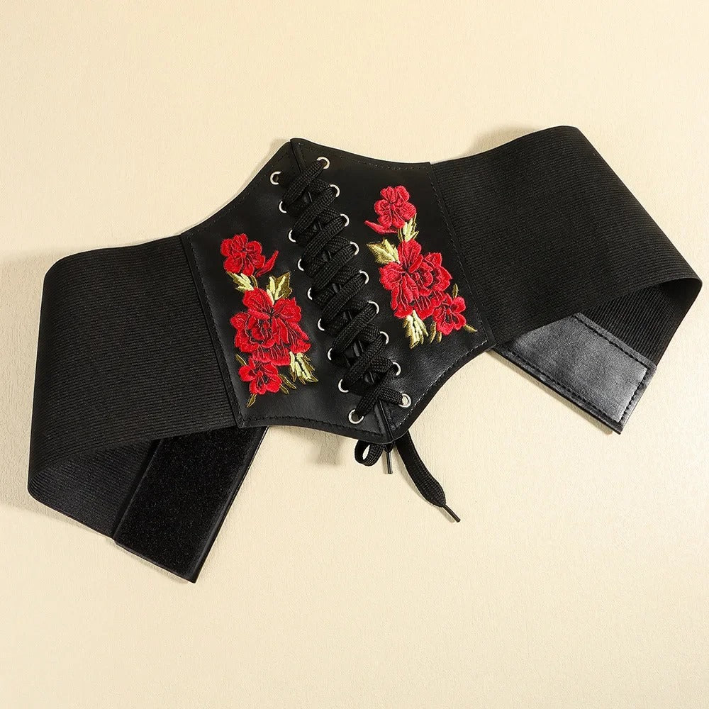 Black Leather Lace Up Elastic Corset Belt